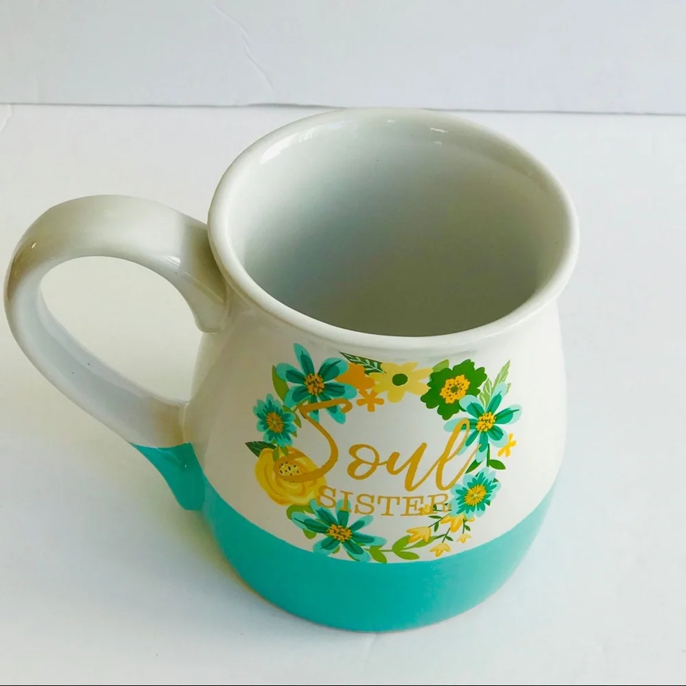 Boston Warehouse Soul Sister Belly Mug Floral Blue Green Cream Flowers Turquoise